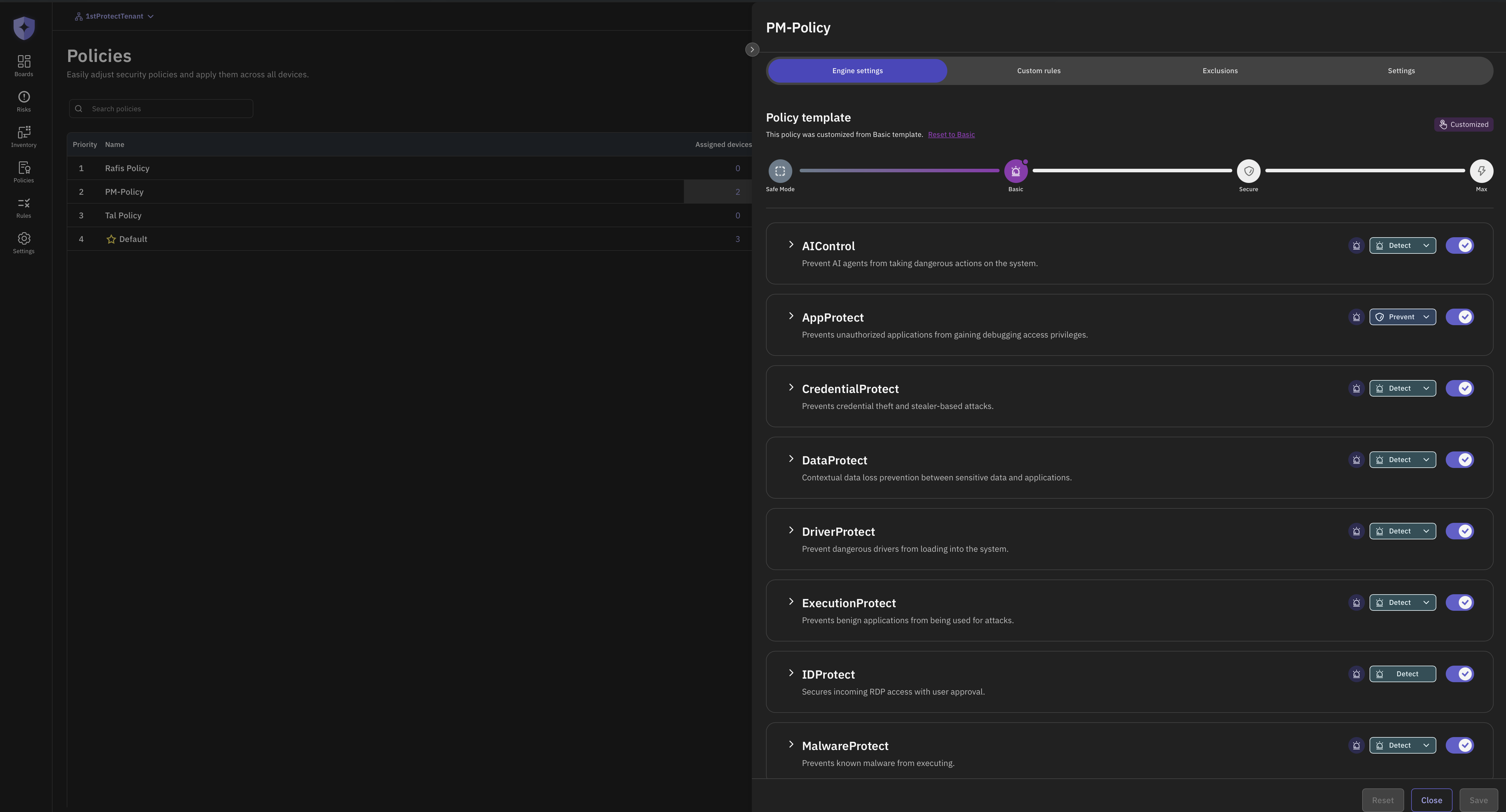 1stProtect policy controls view showing runtime engine settings used to govern tool invocation boundaries.