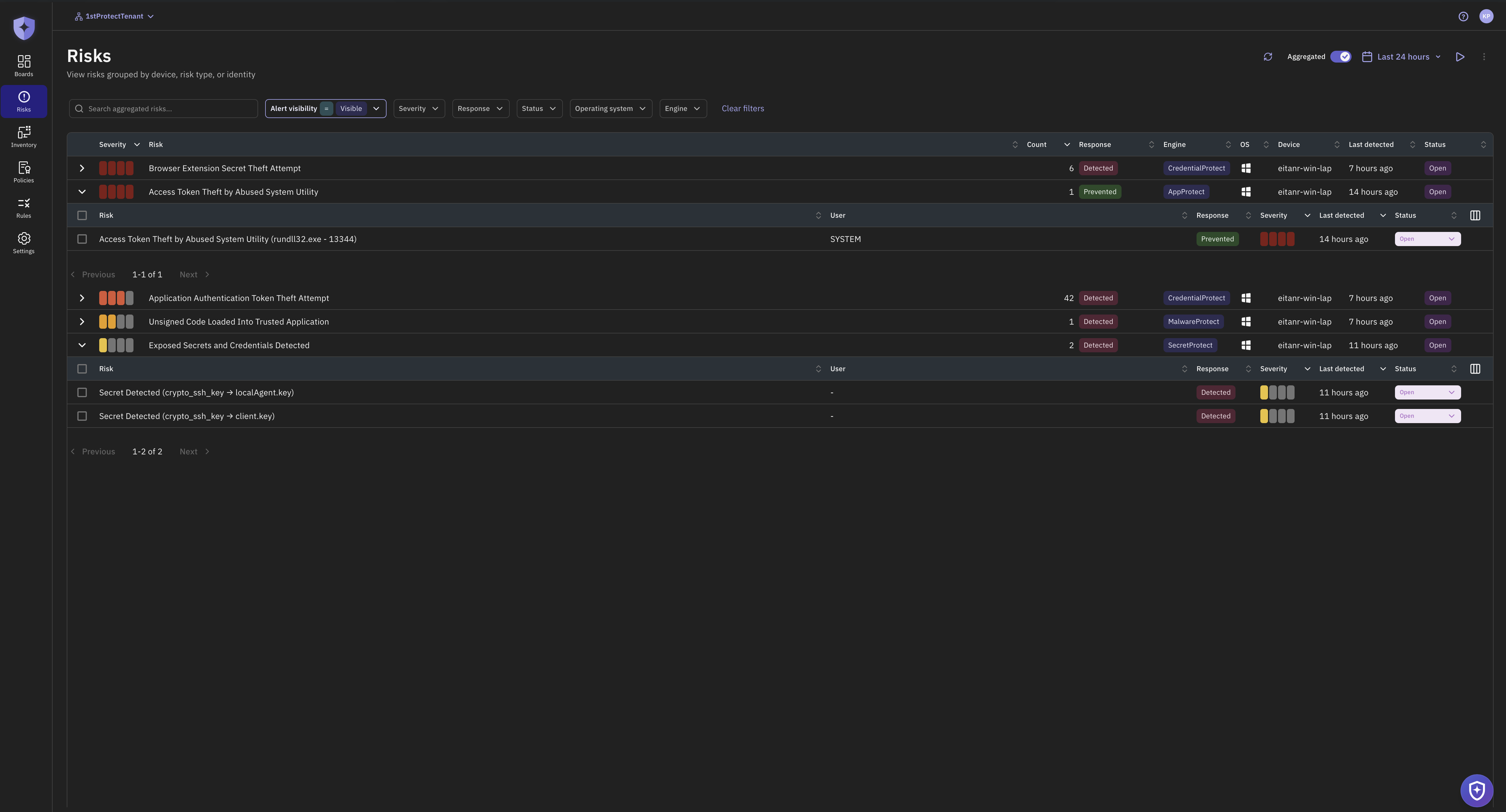 1stProtect risks console showing a prevented agent credential read with severity and engine attribution.